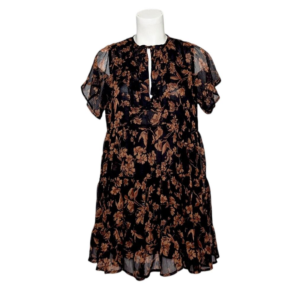 Vici Sz Large Black Brown Floral Tiered Mini Dress Babydoll Feminine Sheer Lined